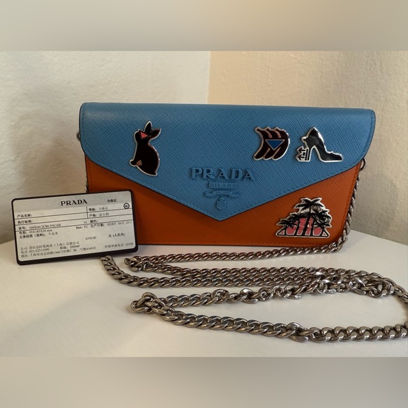 PRADA Saffiano Leather Wallet on Chain with Charms Blue/Orange - Picture 13 of 13
